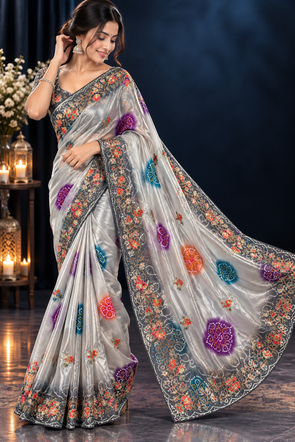 Soft Shine Space Silk Saree with Bandhej Print, C-Pallu Gotafoil Work & Butti