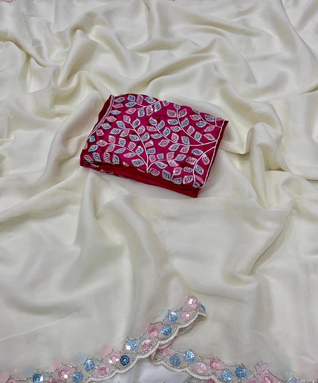 White Star Satin Georgette Handwork Saree