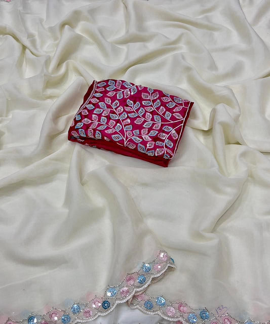 White Star Satin Georgette Handwork Saree