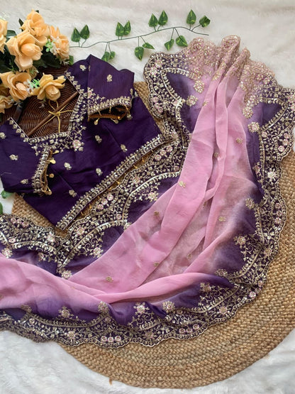 Shipra Embroidered Moss Saree with Sequins Border & Designer Stitched Blouse
