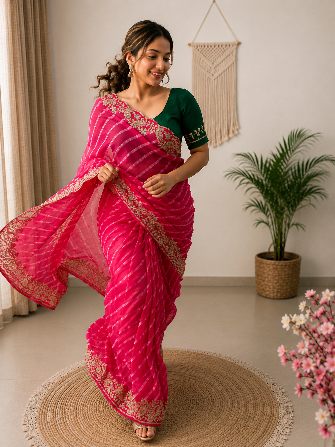 Rani Georgette Lehriya Silk Saree with Traditional Pitta & 5mm Sequin Work
