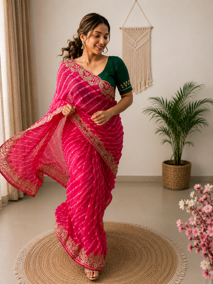 Rani Georgette Lehriya Silk Saree with Traditional Pitta & 5mm Sequin Work