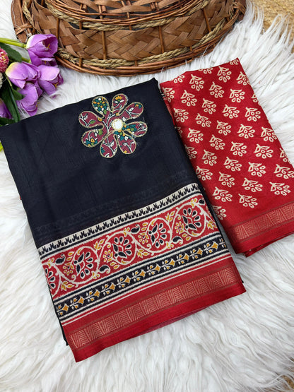 Premium Mul Cotton Printed Saree with Mirror Work & Designer Border