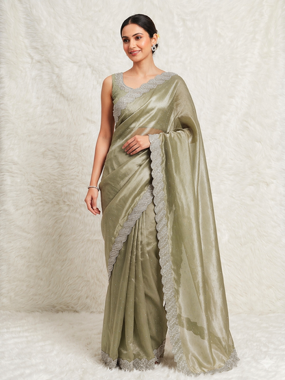 Elegant Jimmy Choo Saree with Handwork Lace Border & Cutwork Design