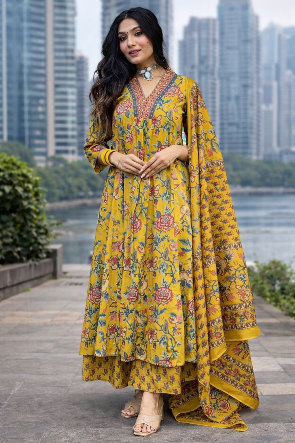 Premium Cotton Blend A-Line Printed Suit Set with Dupatta (Top, Bottom & Dupatta)