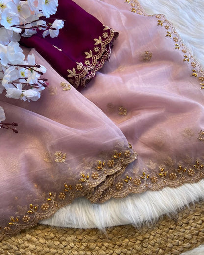 Soft Twills Organza Saree with All Over Handwork & Designer Border