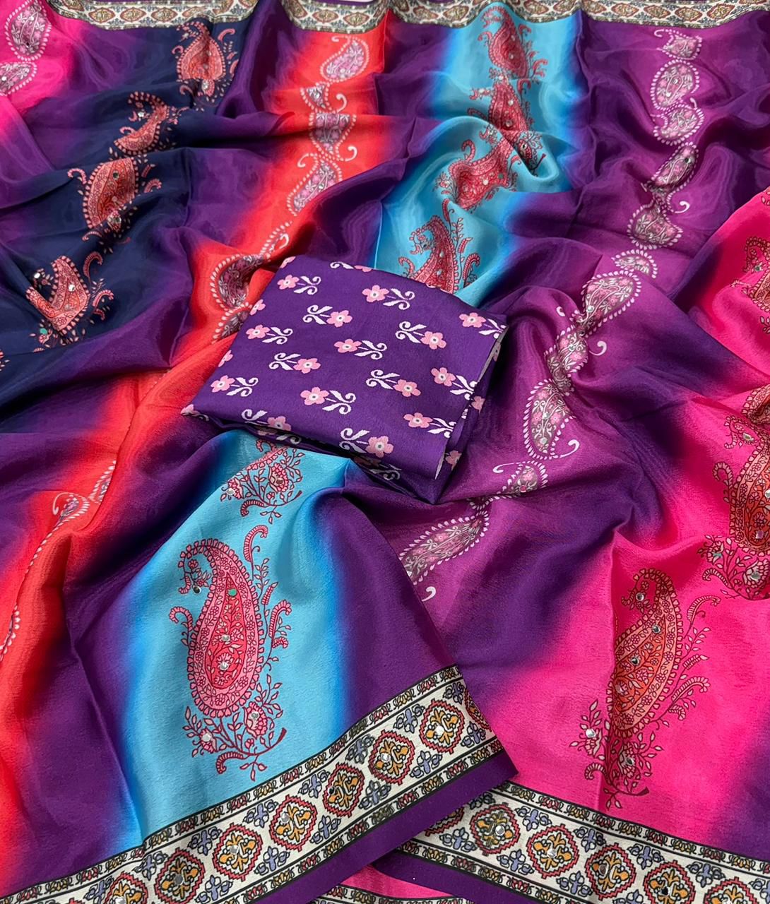 Designer Chinon Digital Print Mirror Work Saree Collection