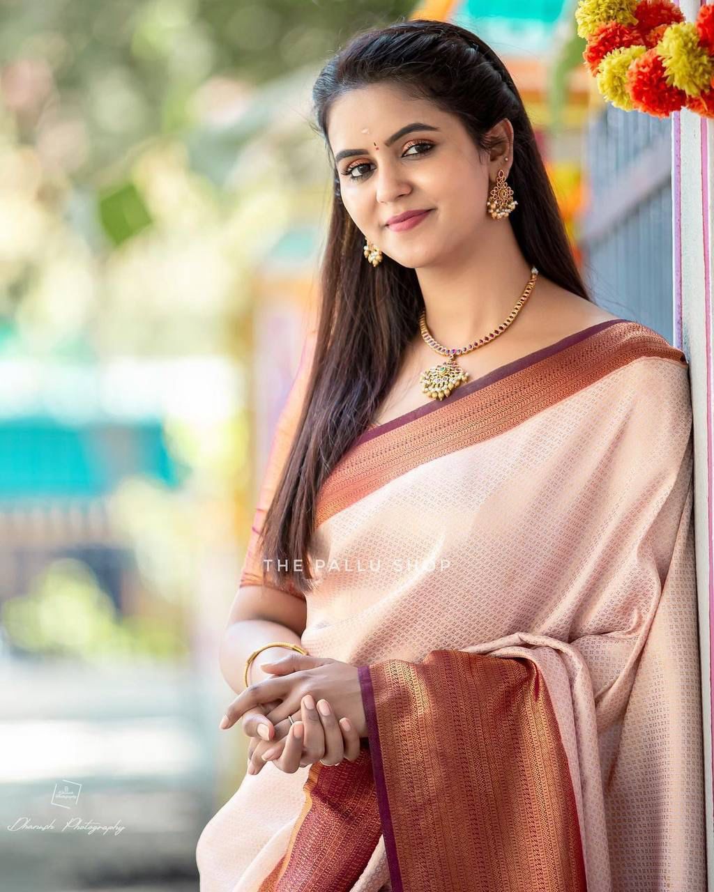 Cream Maroon Silk Saree