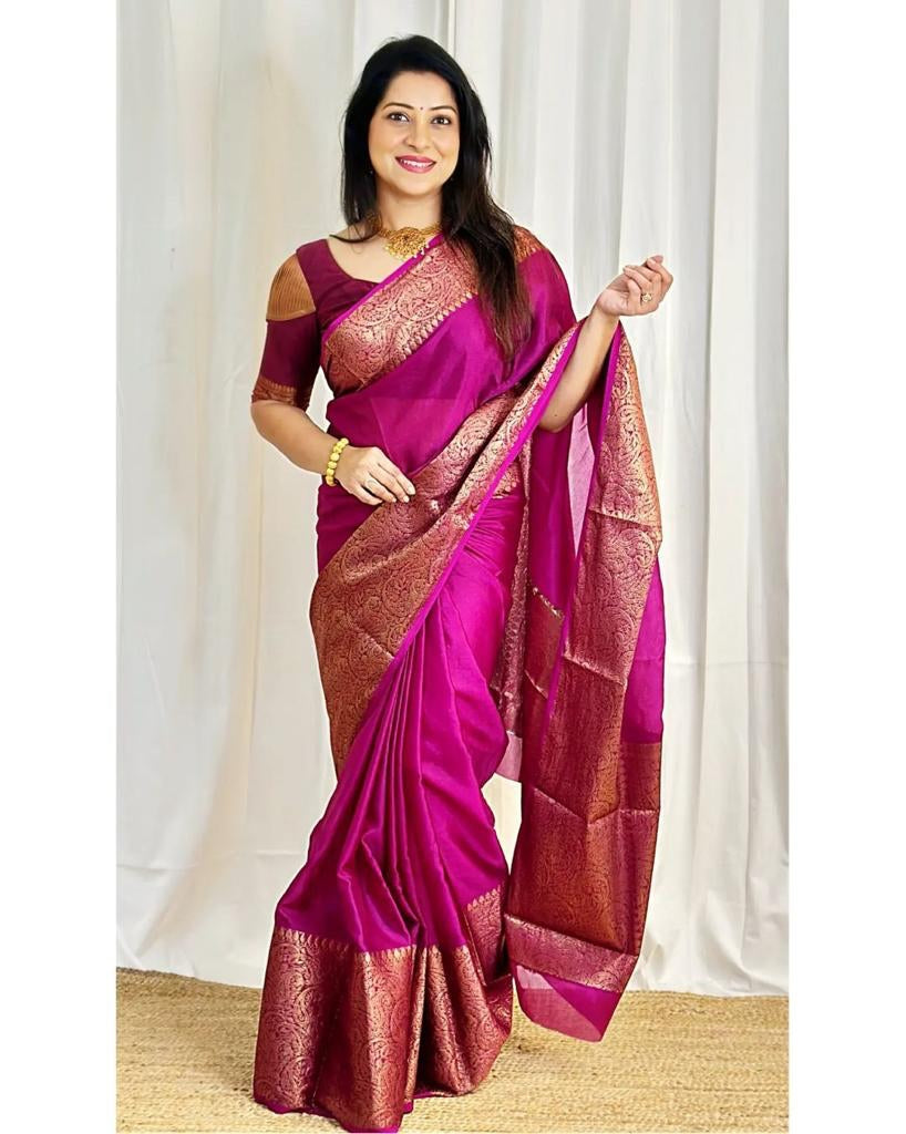Elegant Pink Silk Saree with Rich Golden Border – Festive & Wedding Wear