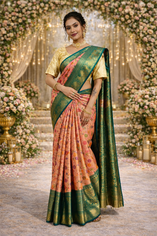 Pure Kanjivaram Silk Saree With Rich Zari Weaving & Contrast Border