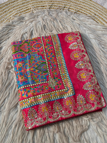 Latest Chinon Digital Print Kalamkari Inspired Saree with Gotapatti Work