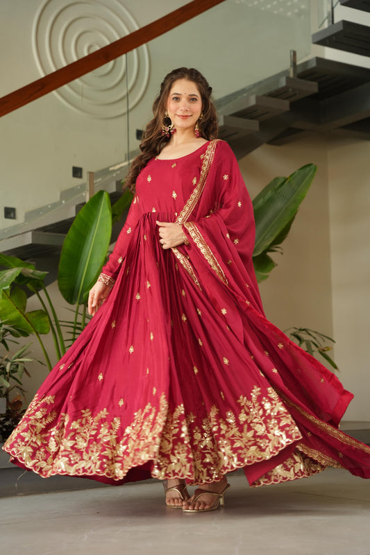 Premium Designer Embroidered Chinnon Gown with Dupatta – Royal Blue & Wine