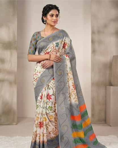 Elegant Linen Cotton Digital Print Saree with Tassel Pallu