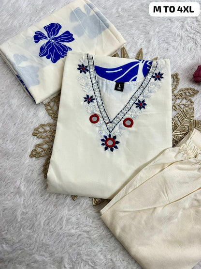 Best Seller Muslin Silk Kurti Pant Dupatta Set | Floral Print | M–4XL