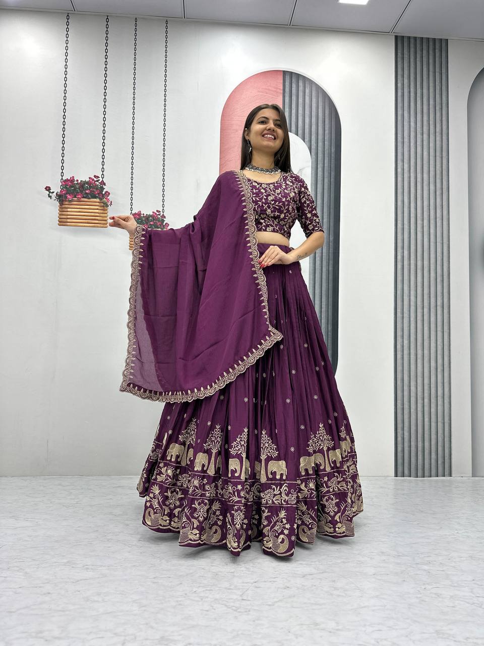Purple Chinon Embroidered Festival Lehenga Choli Set