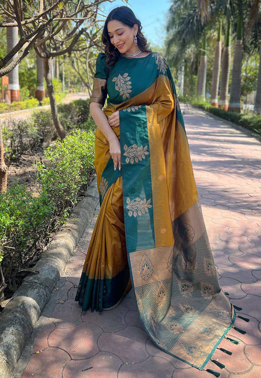 Green Mustard Zari Work Saree