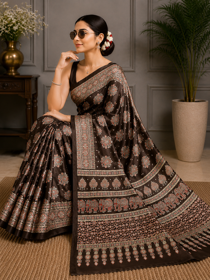 Elegant Ajrakh Pure Gajji Bandhej Soft Silk Saree With Mirror Work