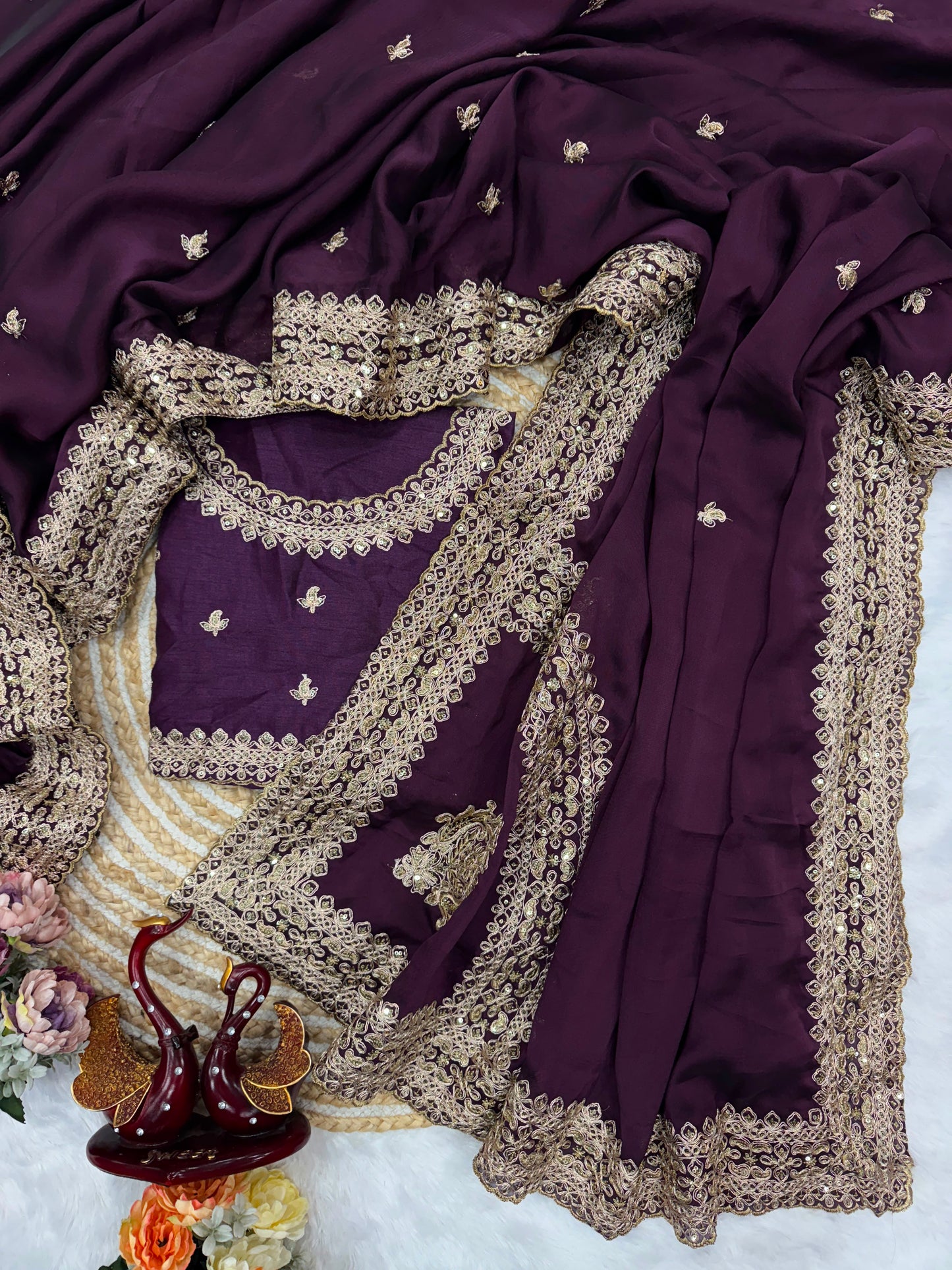 Purple Rangoli Silk Saree with Sequins & Dori Embroidery Work