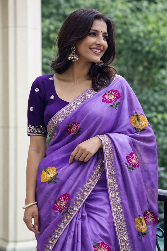 Soft Rangoli Silk Saree with Floral Embroidery & Mirror Work Border