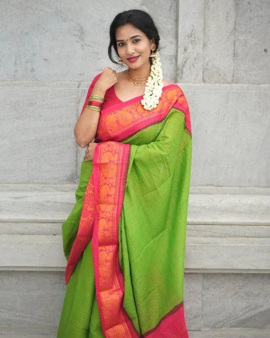 Green Cotton Saree with Pink Traditional Border