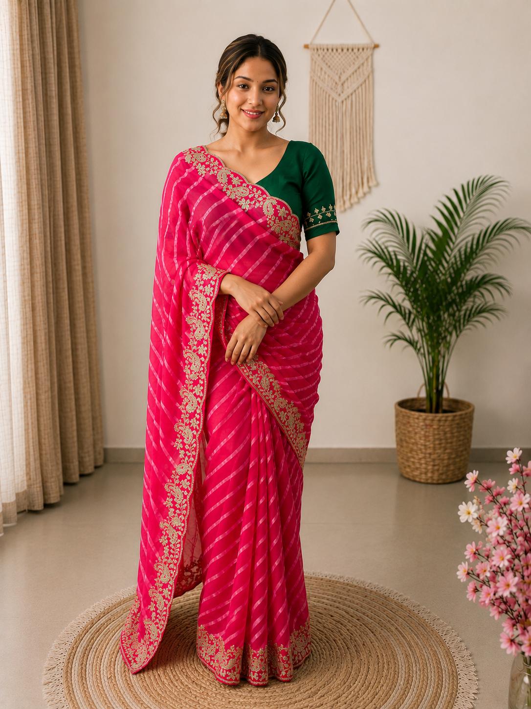 Rani Georgette Lehriya Silk Saree with Traditional Pitta & 5mm Sequin Work