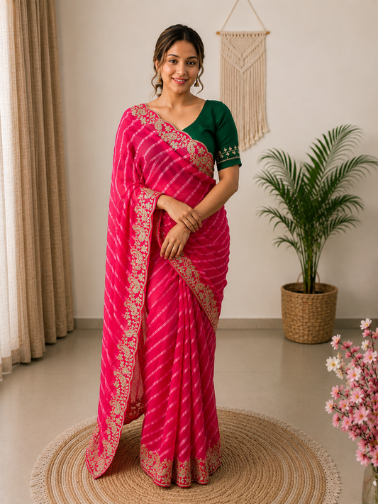 Rani Georgette Lehriya Silk Saree with Traditional Pitta & 5mm Sequin Work