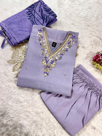 Premium Roman Silk Kurti Pant Dupatta Set with Hand Work