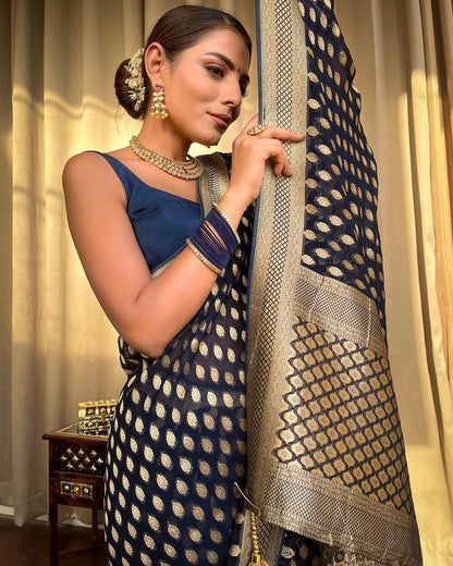 Navy Blue Gold Buti Saree