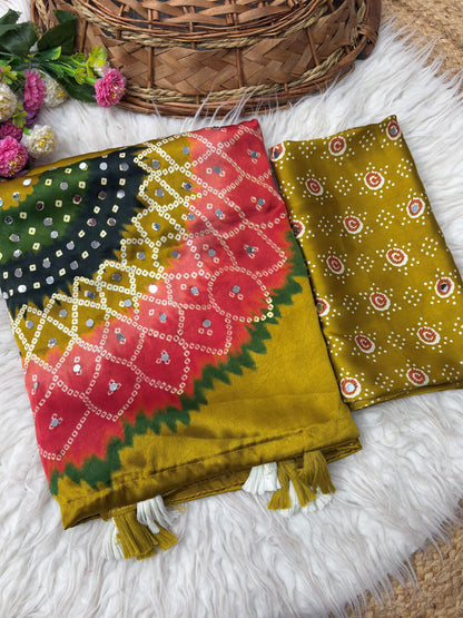 Premium Japan Satin Mirror Work Saree with Tassel Pallu