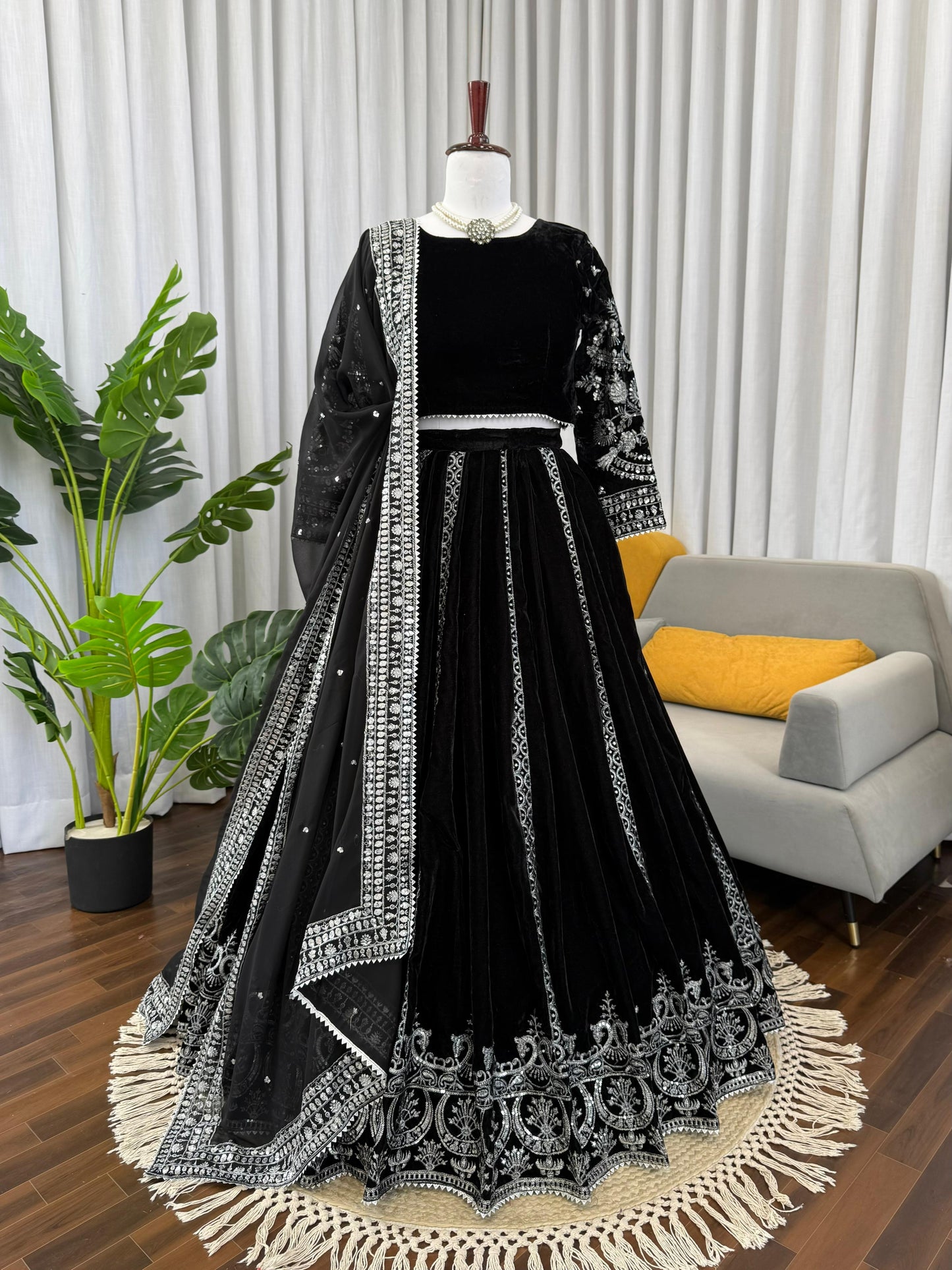 Elegant Black Velvet Lehenga Choli with Silver Thread & Sequence Work | Party Wear & Festive Collection