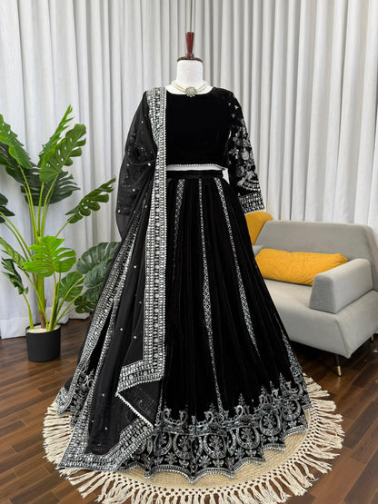 Elegant Black Velvet Lehenga Choli with Silver Thread & Sequence Work | Party Wear & Festive Collection