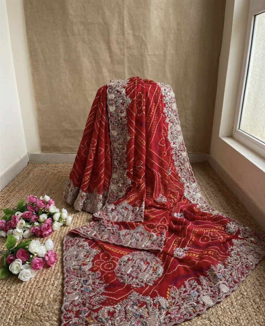 Bandhej Gota Patti Work Saree in Soft Georgette with Heavy Embroidery Border