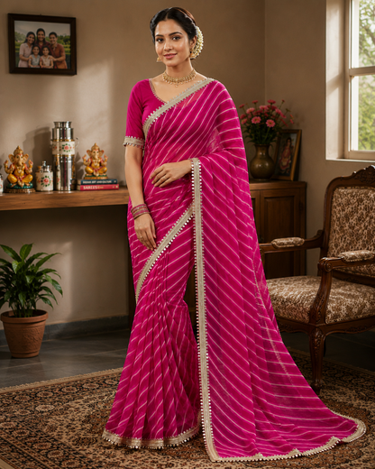 Georgette Leheriya Saree with Mirror Lace Border & Unstitched Blouse | Designer Party Wear Saree