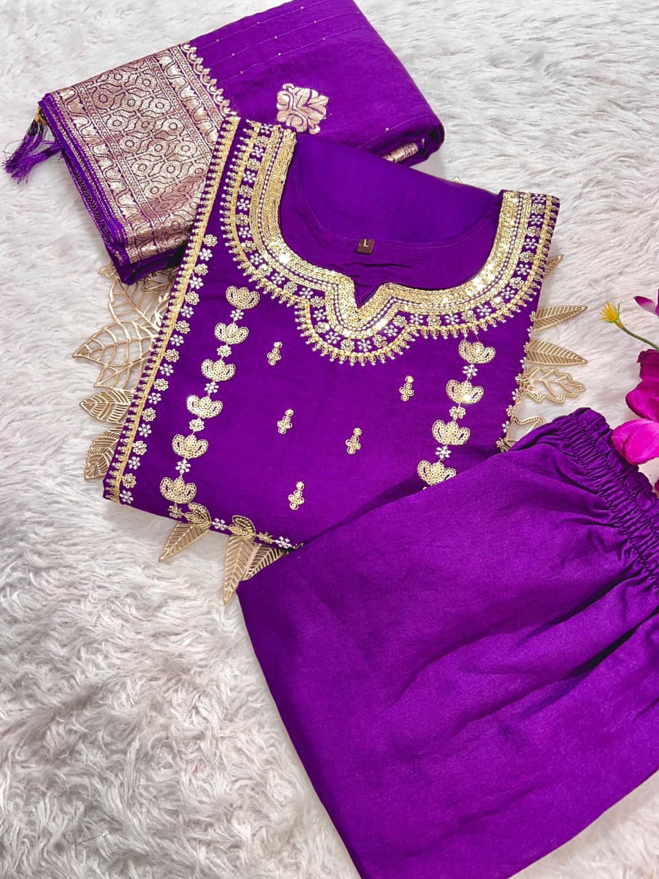 Premium Roman Silk Embroidered Kurti Pant Dupatta Set (M–6XL)