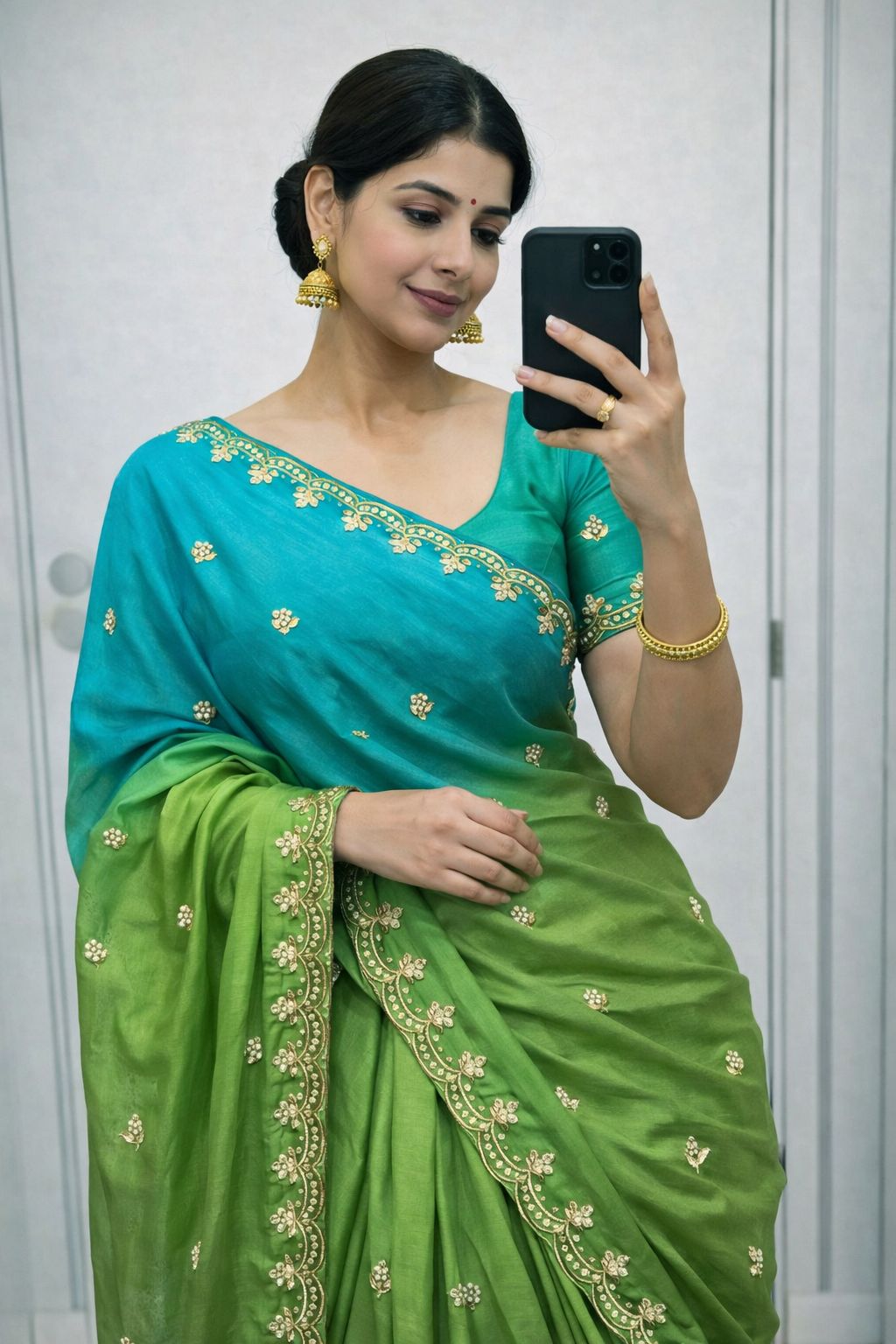 Double Shade Chinnon Saree with Embroidery & Moti Work Designer Border