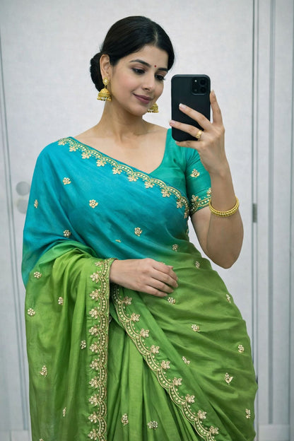 Double Shade Chinnon Saree with Embroidery & Moti Work Designer Border
