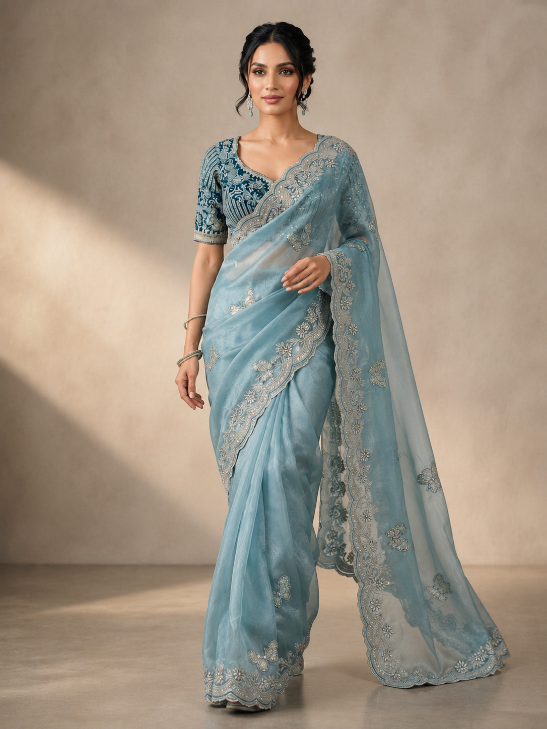 Sabyasachi Inspired Space Silk Saree with Butterfly Embroidery & Stitched Blouse