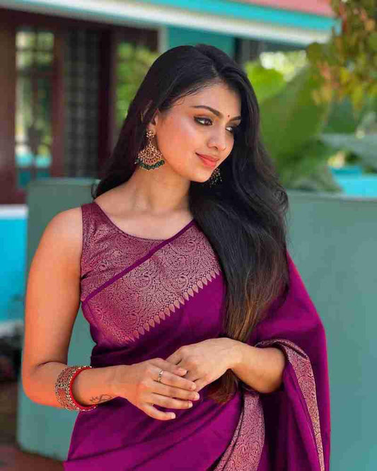Purple Silk Saree with Golden Border