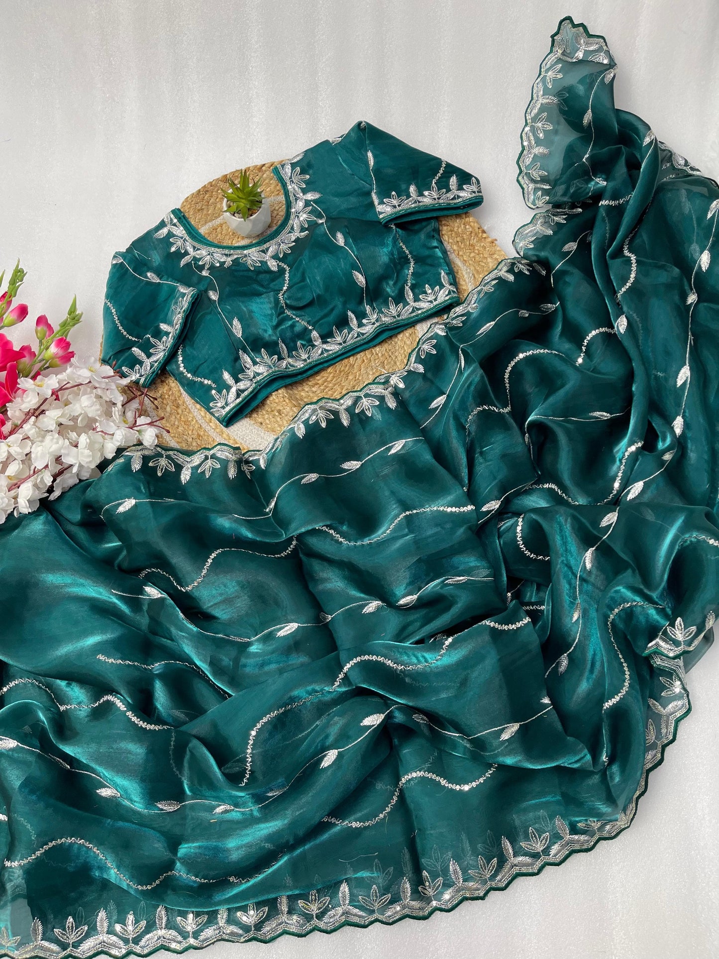 Zoya Soft Satin Silk Saree with 3MM Sequins Embroidery Border & Stitched Blouse