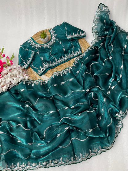 Zoya Soft Satin Silk Saree with 3MM Sequins Embroidery Border & Stitched Blouse