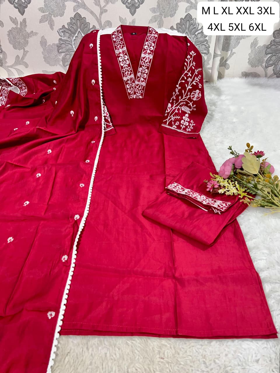 Premium Roman Silk Embroidered Kurti Pant Dupatta Set | Elegant Party Wear Kurti Set