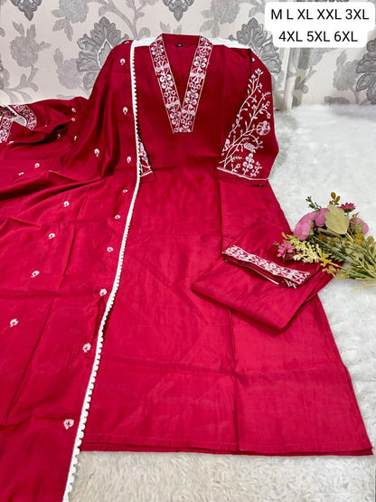 Premium Roman Silk Embroidered Kurti Pant Dupatta Set | Elegant Party Wear Kurti Set