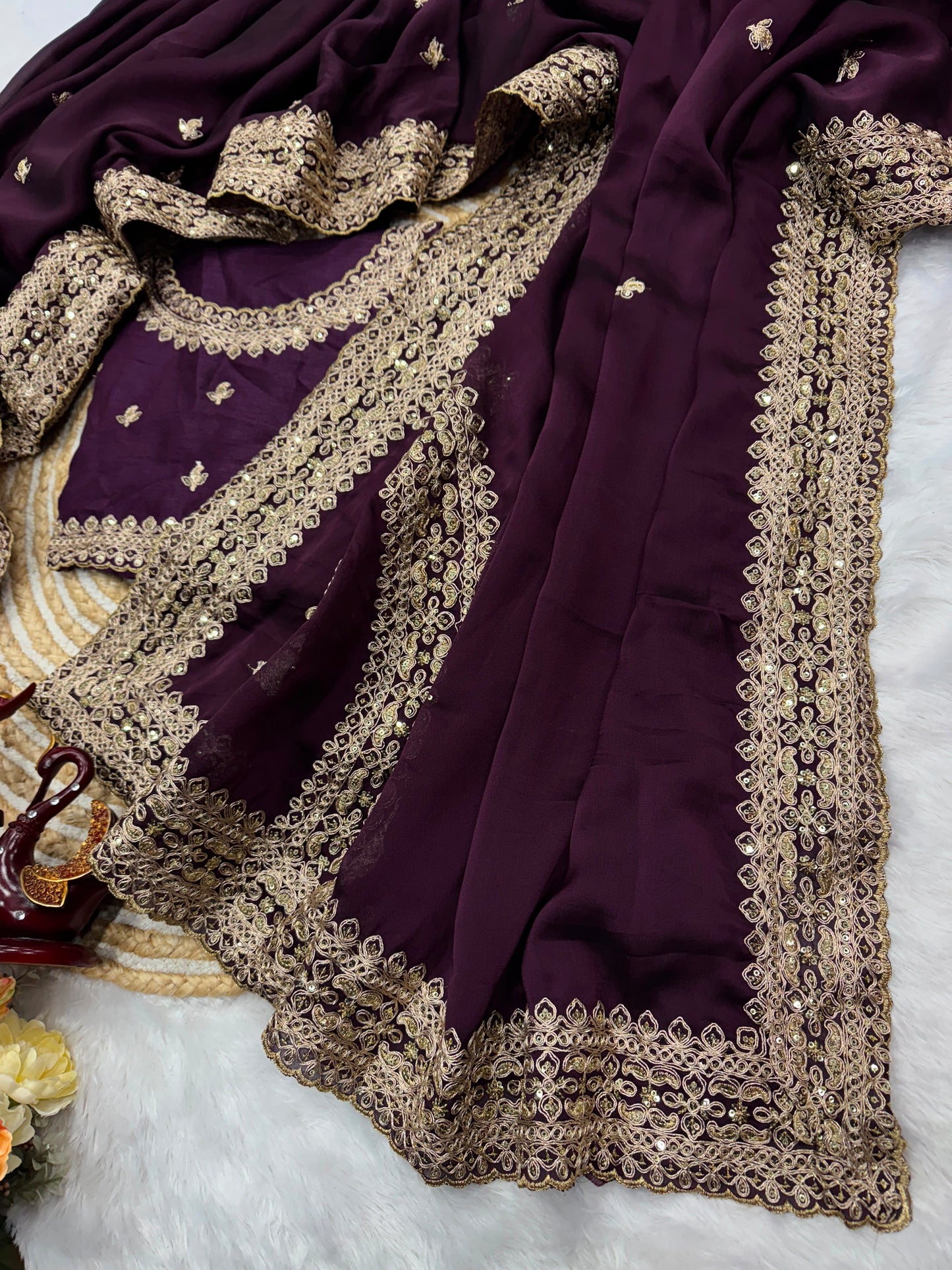 Purple Rangoli Silk Saree with Sequins & Dori Embroidery Work