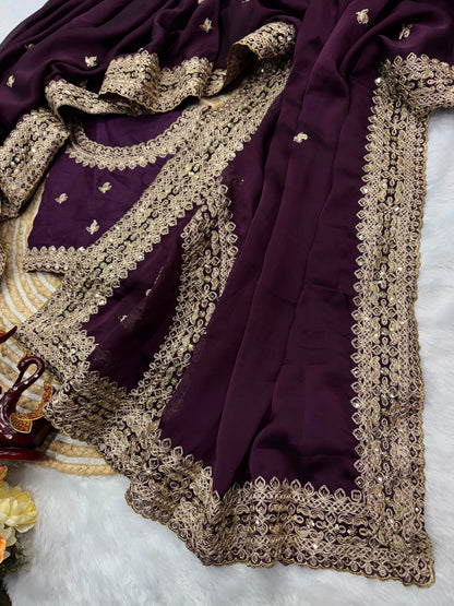 Purple Rangoli Silk Saree with Sequins & Dori Embroidery Work