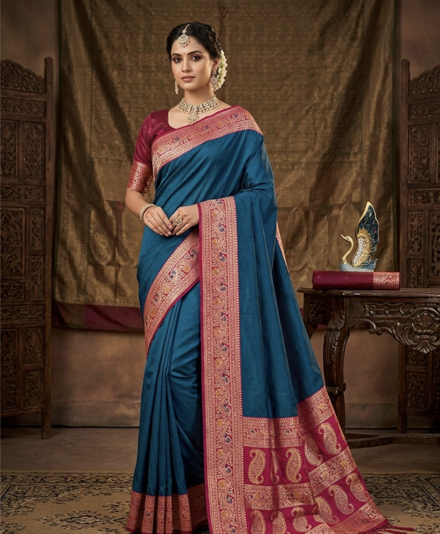 Premium Gala Silk Saree with Meenakari Zari Pallu & Contrast Designer Border