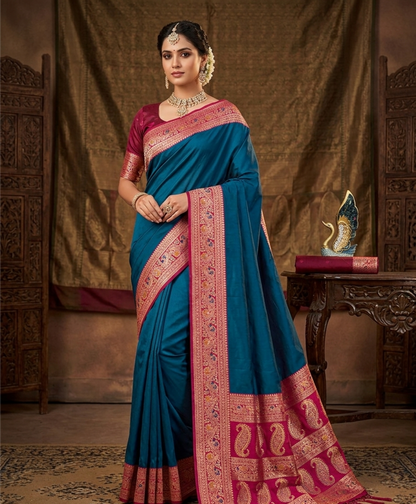 Premium Gala Silk Saree with Meenakari Zari Pallu & Contrast Designer Border