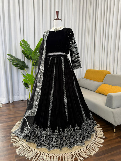 Elegant Black Velvet Lehenga Choli with Silver Thread & Sequence Work | Party Wear & Festive Collection