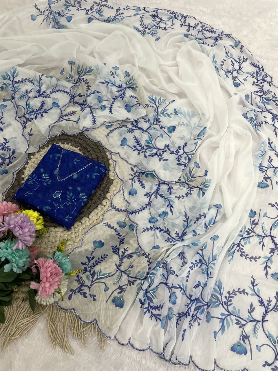 Radhika Teby Silk Saree with Digital Floral Print, Khatli & Cutdana Work