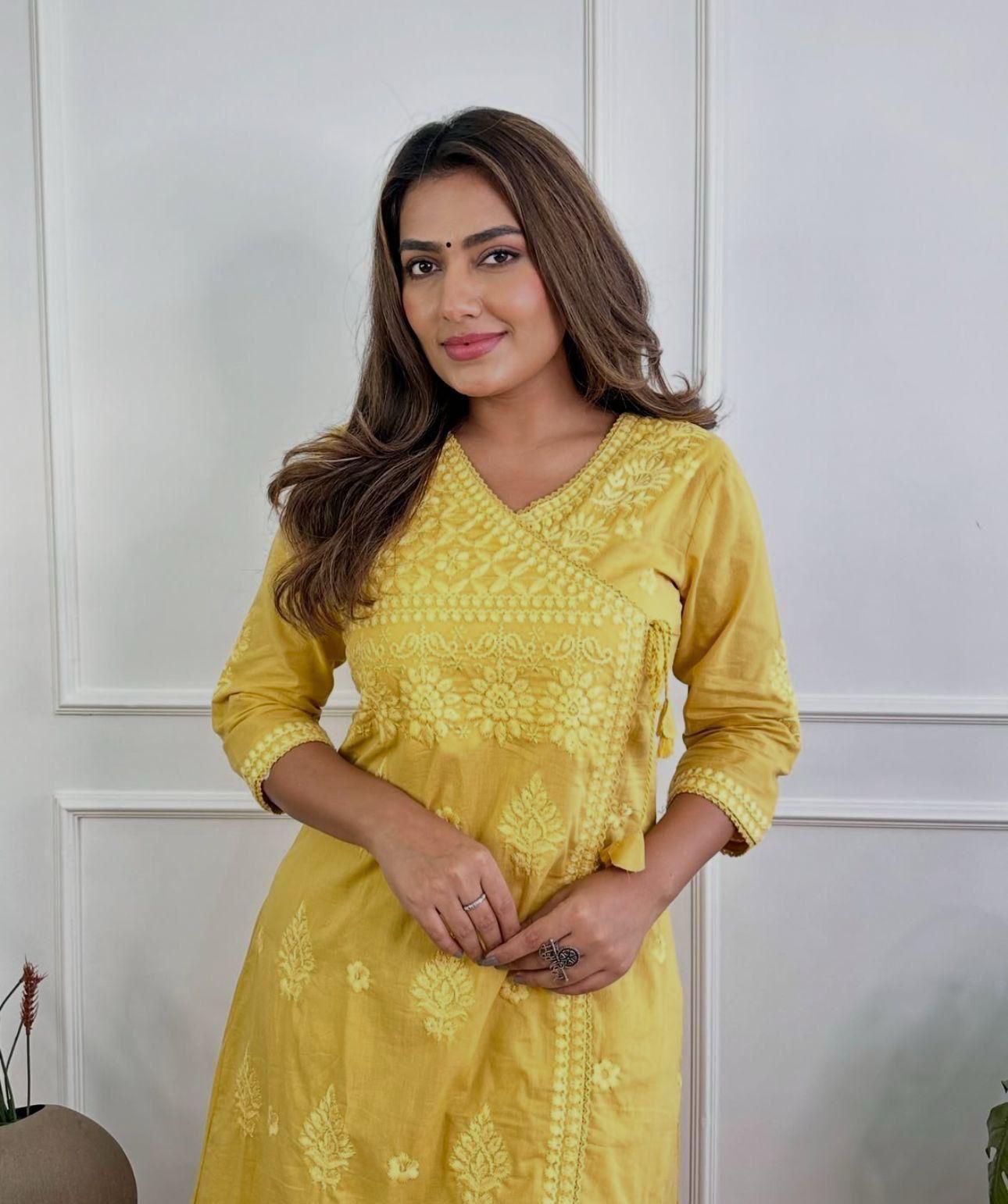 Cotton Chikankari Angrakha Kurti Set