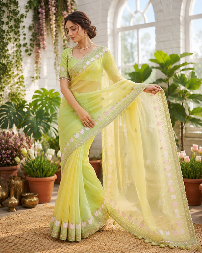 Lotus Soft Fendy Satin Saree With Embroidery Sequence & Thread Work Border